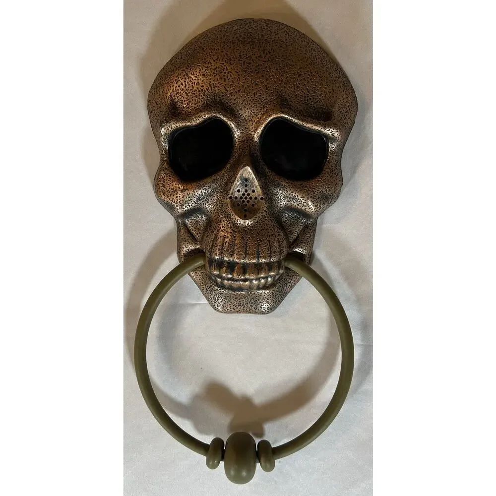 Halloween Skull Door Knocker Decor Red Eyes Skeleton Goth Lights Talking Bronze